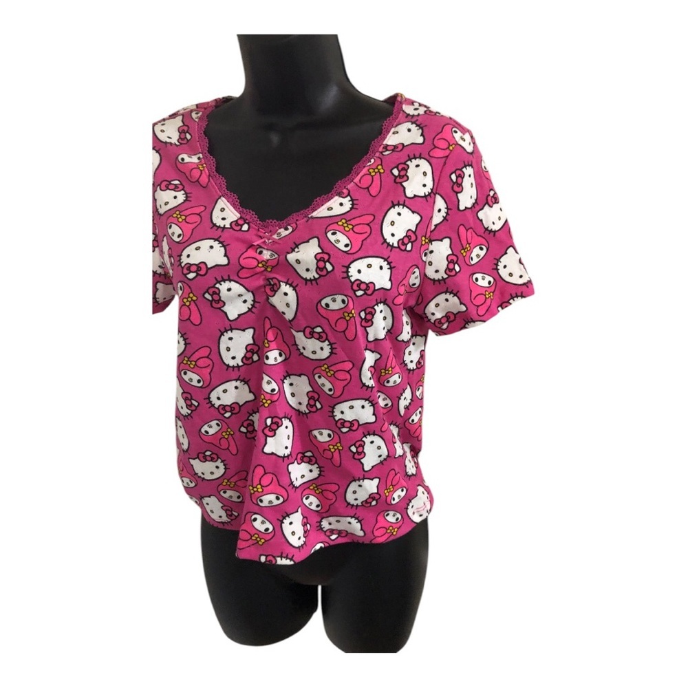 Hello Kitty pink lace trim v-neck pointelle knit short sleeve shirt size‎ XL new